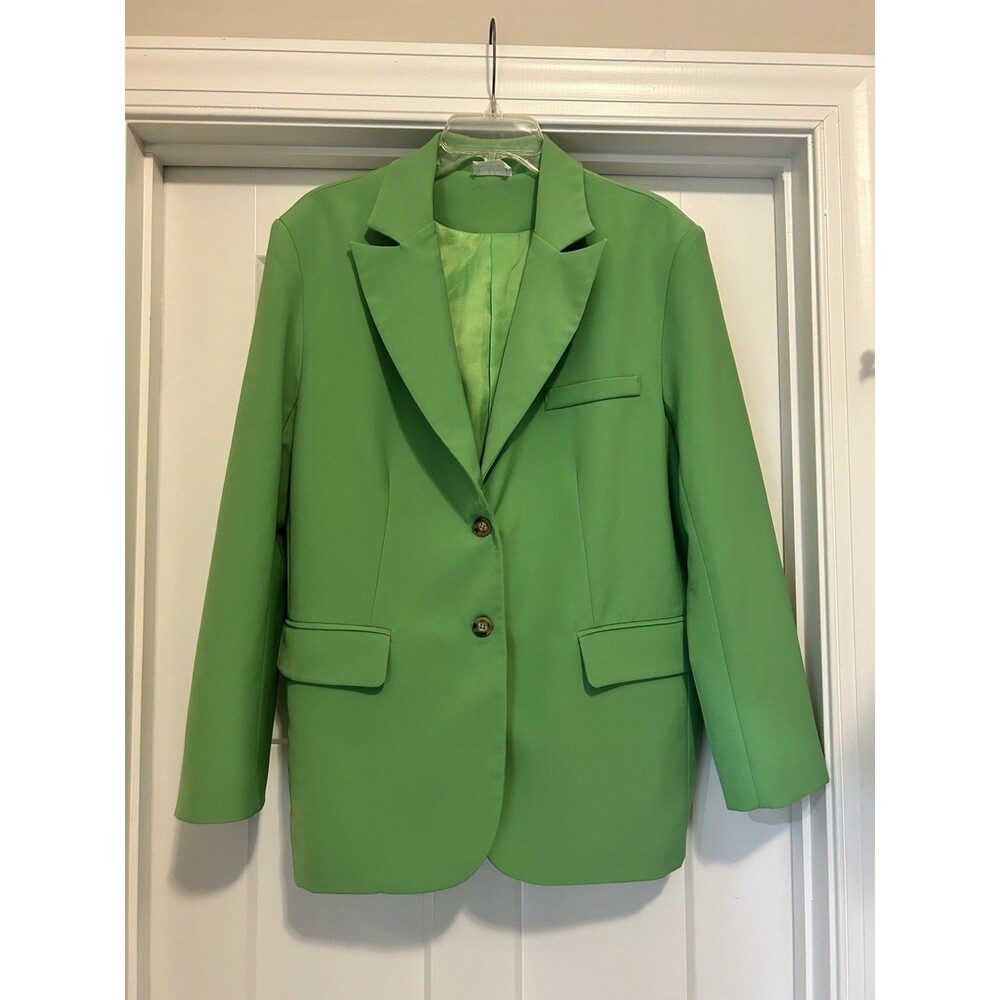 Women’s Size Large Green Long Sleeve Mid Length Single Breasted Blazer Pockets